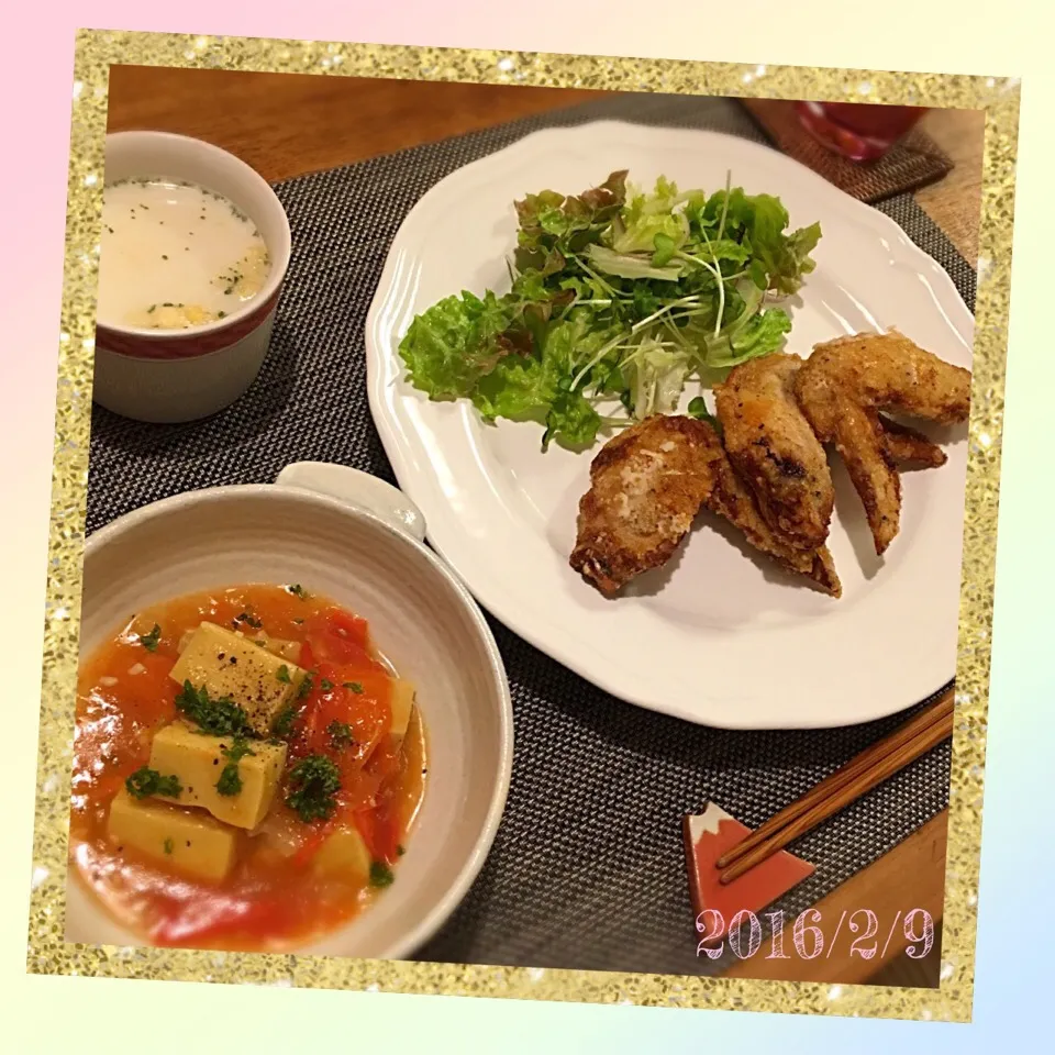 Snapdishの料理写真:手羽先の塩唐揚げ
高野豆腐の洋風トマトあんかけ
カップスープ|𓇼 Ⓢ Ⓗ Ⓘ Ⓝ Ⓞ Ⓑ Ⓤ 𓇼さん