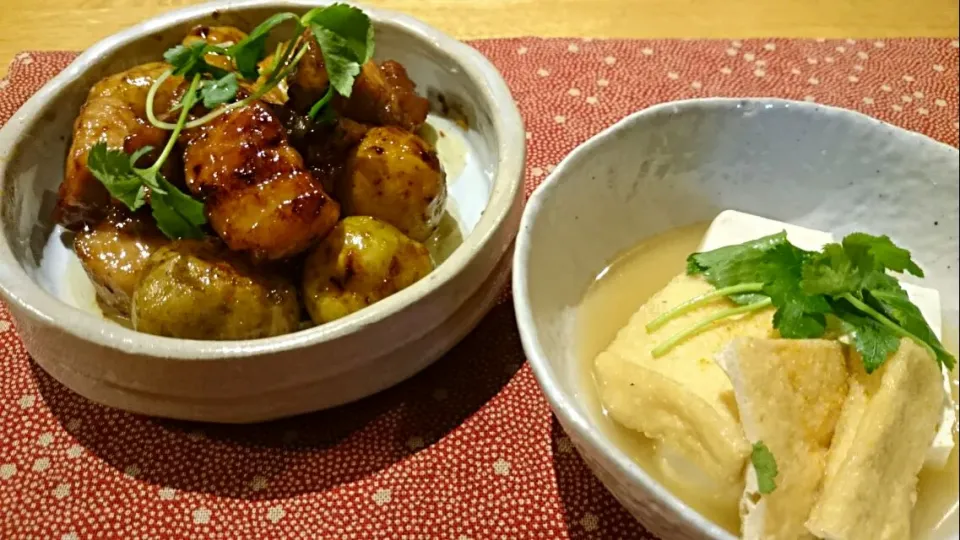 豚ばら肉とじゃがいもの甘辛煮、豆腐とお揚げの夫婦煮|こんさん