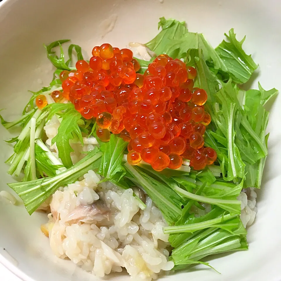 フグちりの残り汁にサバの干物まぜて、雑炊にしました！水菜とイクラで食感がよいです。|POCHIさん