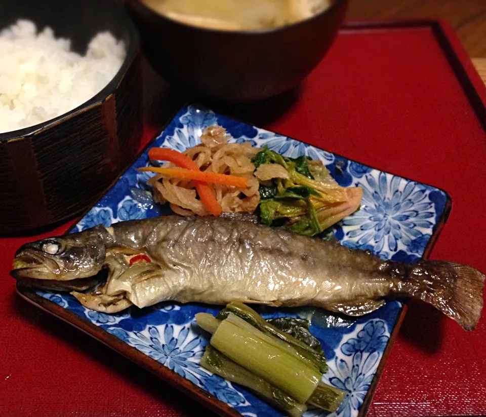 単身赴任の晩ごはん  岩魚のマリネ  ほうれん草ナムル 切り干し大根煮 野沢菜漬 玉ねぎとキャベツの味噌汁|ぽんたさん