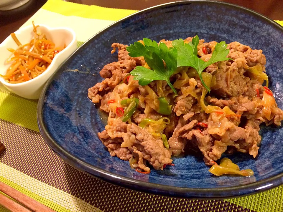 牛肉と長葱の辛味黒酢炒め、きんぴらこぼう|Jun  Sakamotoさん