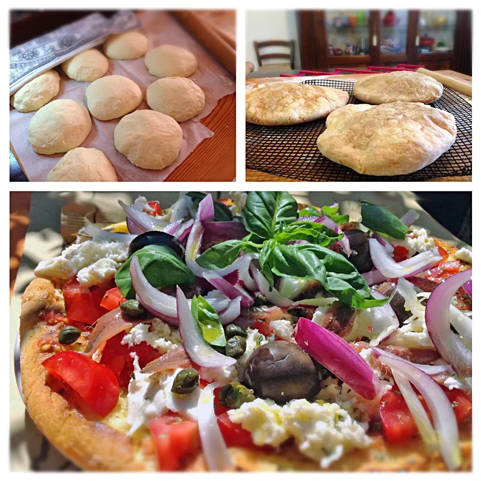 Eolian Pane Cunzato, flat durum wheat bread, toasted, seasoned with cherry tomatoes, anchovies, capers, red onion, mozzarella, olives, canned tuna, basil & oreg|laura giardinaさん