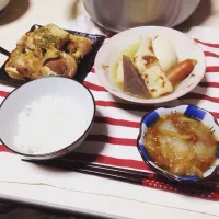 Snapdishの料理写真:おでん、焼き豆腐の肉巻きステーキ、なめこおろし|りほさん