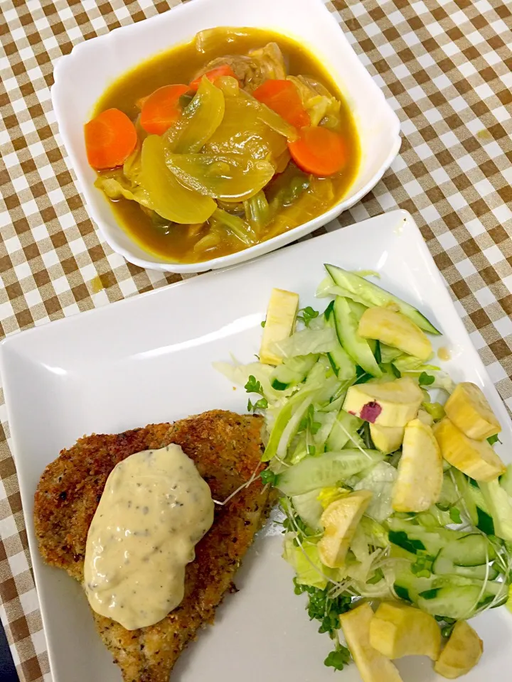 鯛のバジルパン粉焼き💋野菜たっぷりカレースープ|☆光るさん