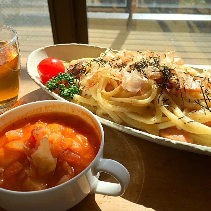 焼きうどんとミネストローネ♪…って組み合わせ変やね(;^_^A|てんてんさん