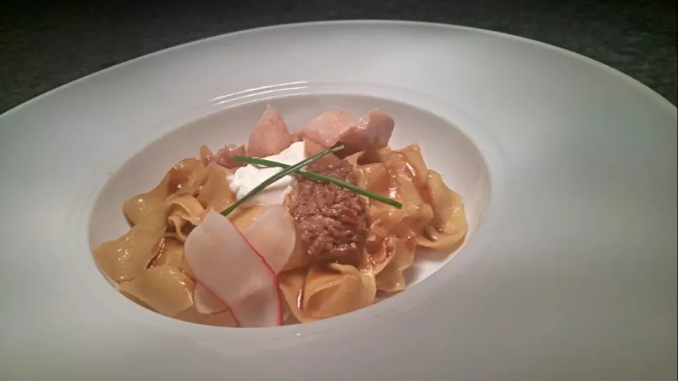 Snapdishの料理写真:Braised Rabbit, Rabbit Loin, Paperdelle, Creme Fraiche, Rabbit Sauce|TheEffinChefさん