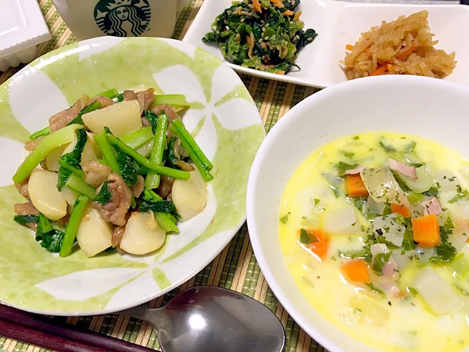 ♡ある日の夜ご飯〜かぶと豚肉の炒め物、かぶのミルクスープ、ほうれん草の胡麻和え、切り干し〜♡|miyuさん