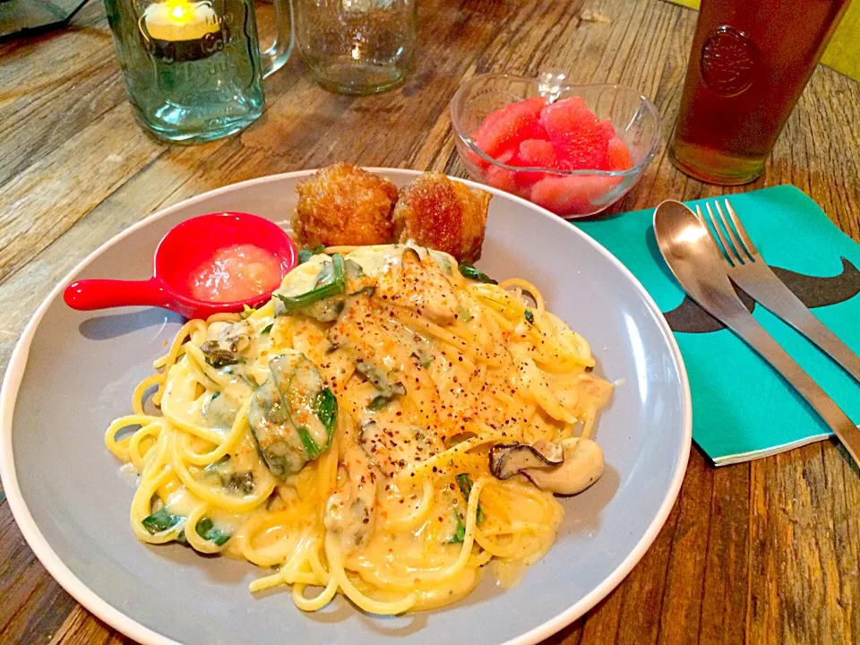 牡蠣とほうれん草のクリームパスタ定食♪|Nonさん