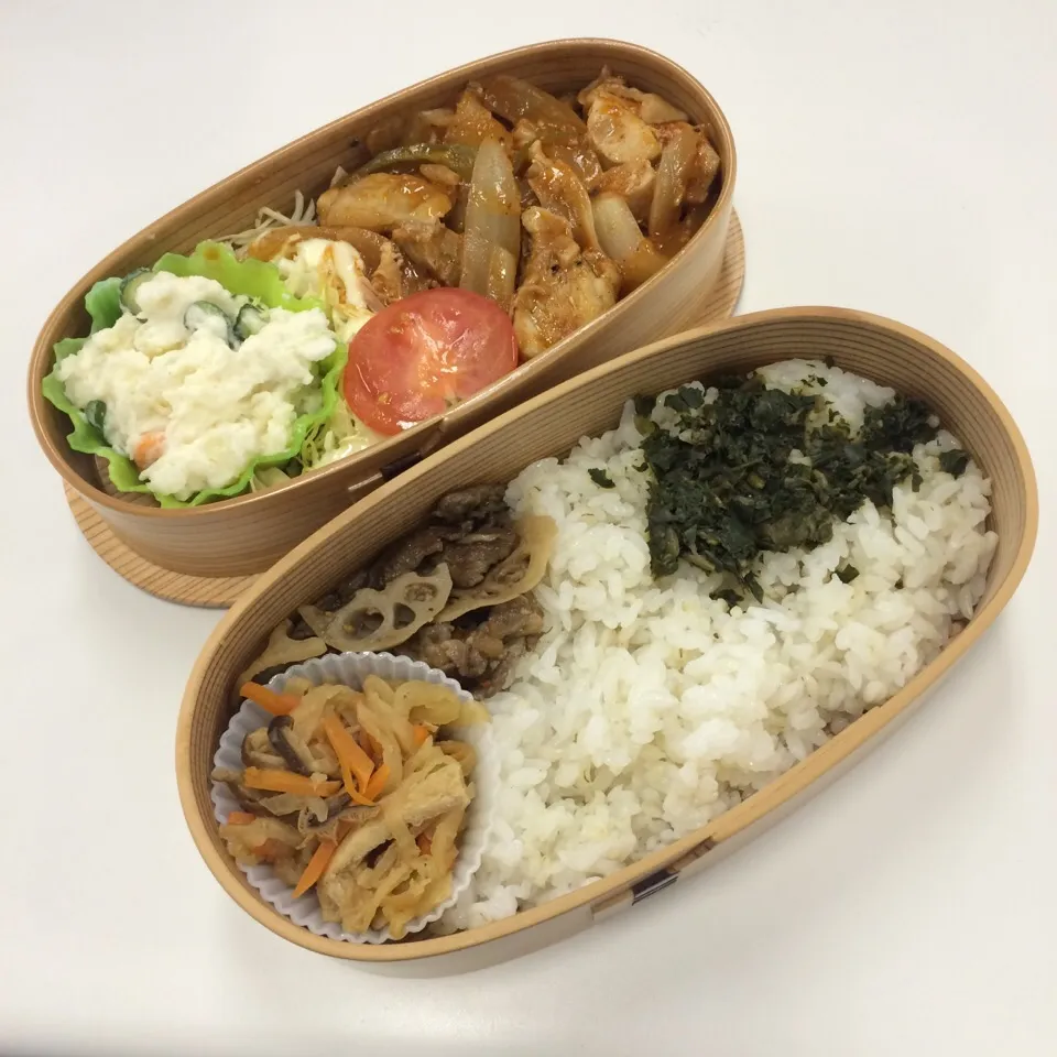 弁当（鶏肉ケチャップ炒め、ポテトサラダ、切干し大根、牛肉レンコンきんぴら、木胡椒佃煮）|SasaMasa213さん