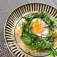 Snapdishの料理写真:明太クリームスパゲティ温玉乗せ