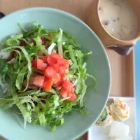 Snapdishの料理写真:タコライス、味噌ミルクスープ、ポテトサラダ、漬物|永浦 京子さん