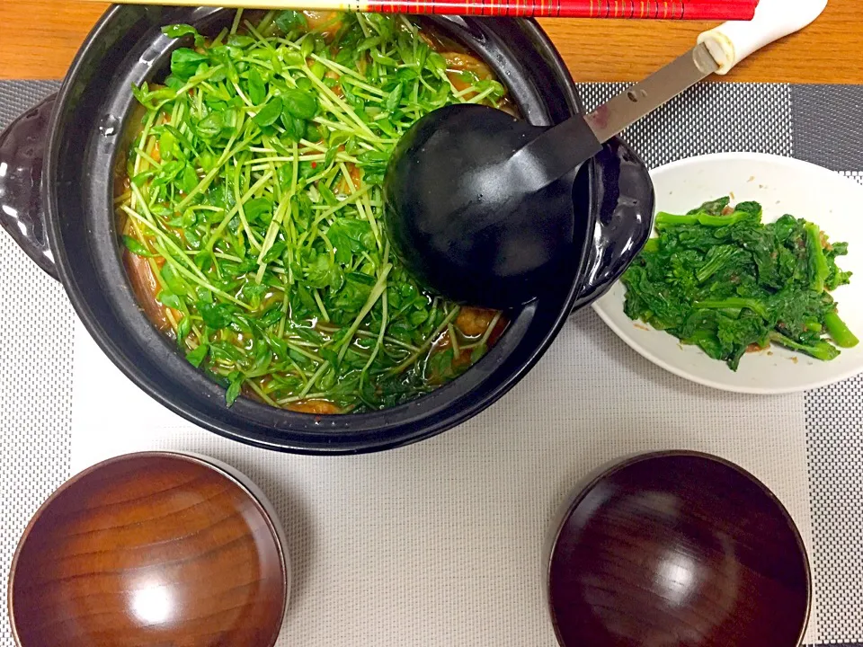 キムチ鍋(鶏団子、ぶり)、菜の花のお浸し|hhhさん