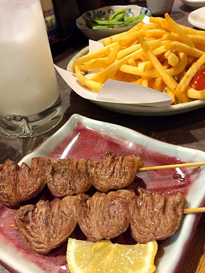 パパの誕生日祝いに焼き鳥♪ハツとフライドポテト♪|なちこさん