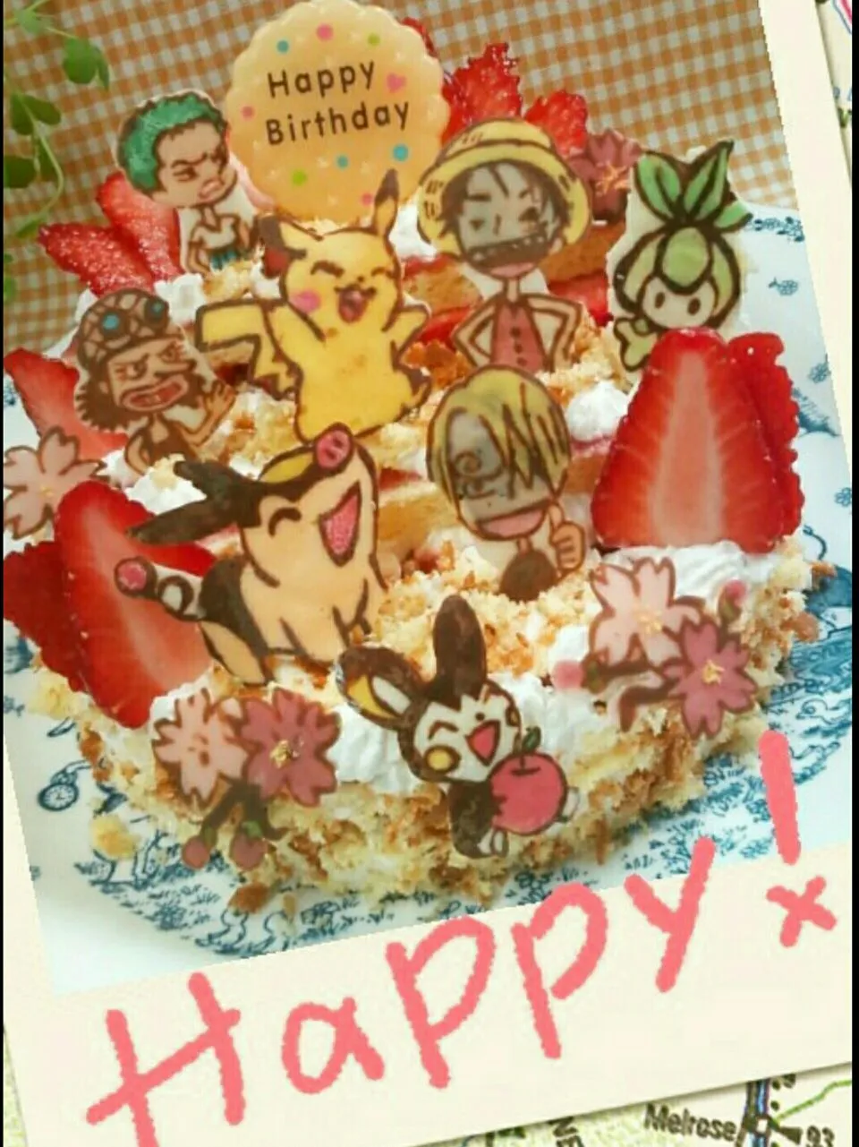 Snapdishの料理写真:春の誕生日ケーキ ポケモン＆ワンピース|幸せまちこさん