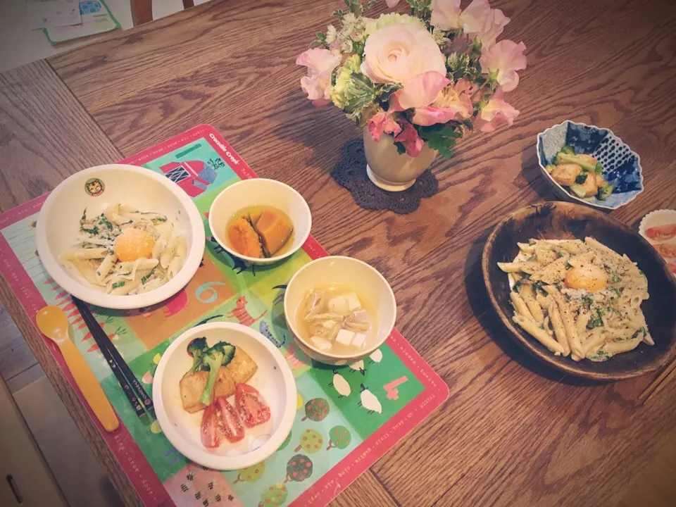 幼児食🌻ツナと水菜のクリームソースペンネ、厚揚げとブロッコリーの柚子味噌炒め、カボチャの煮付けなど。|maimaiさん