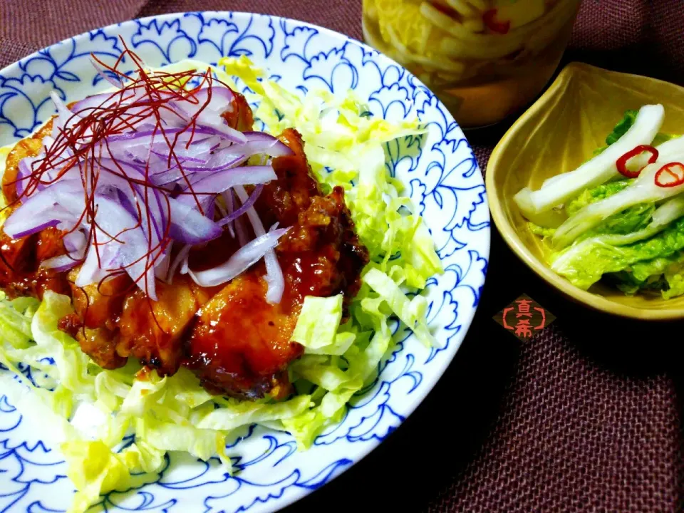 チョッパーちゃんのジューシー黒酢チキン🍴と白菜の韓国風水漬け🔥|真希さん