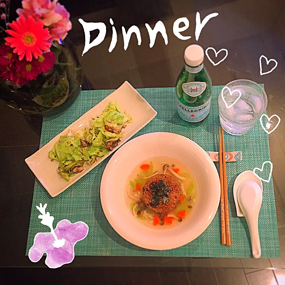 Snapdishの料理写真:十六穀米焼きおにぎりのキノコあんかけ&キャベツのオイルサーディン炒め❤️|Mika  Taniguchiさん