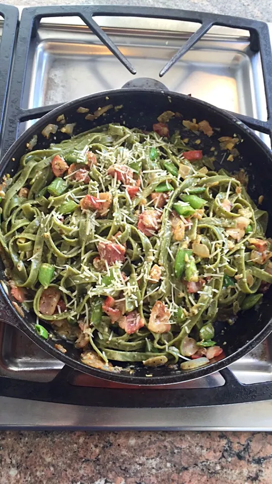 Pesto Spinach Sausage Bacon Carbonara|Phoebeさん