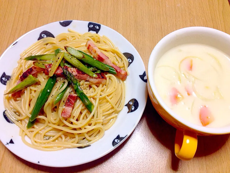 アスパラベーコンで和風パスタとミルクスープ|こんこんさん