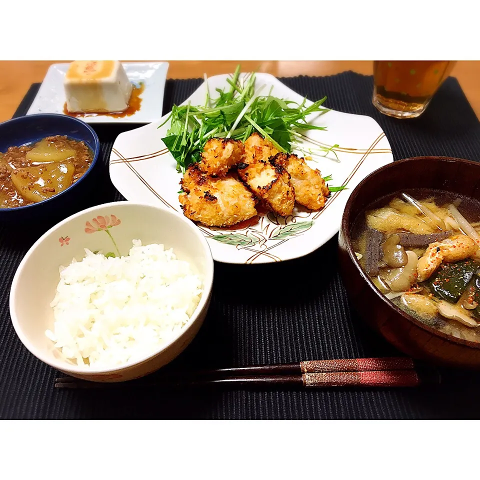 鶏肉の味噌パン粉焼き、けんちん汁、大根挽き肉あんかけ|akaneさん