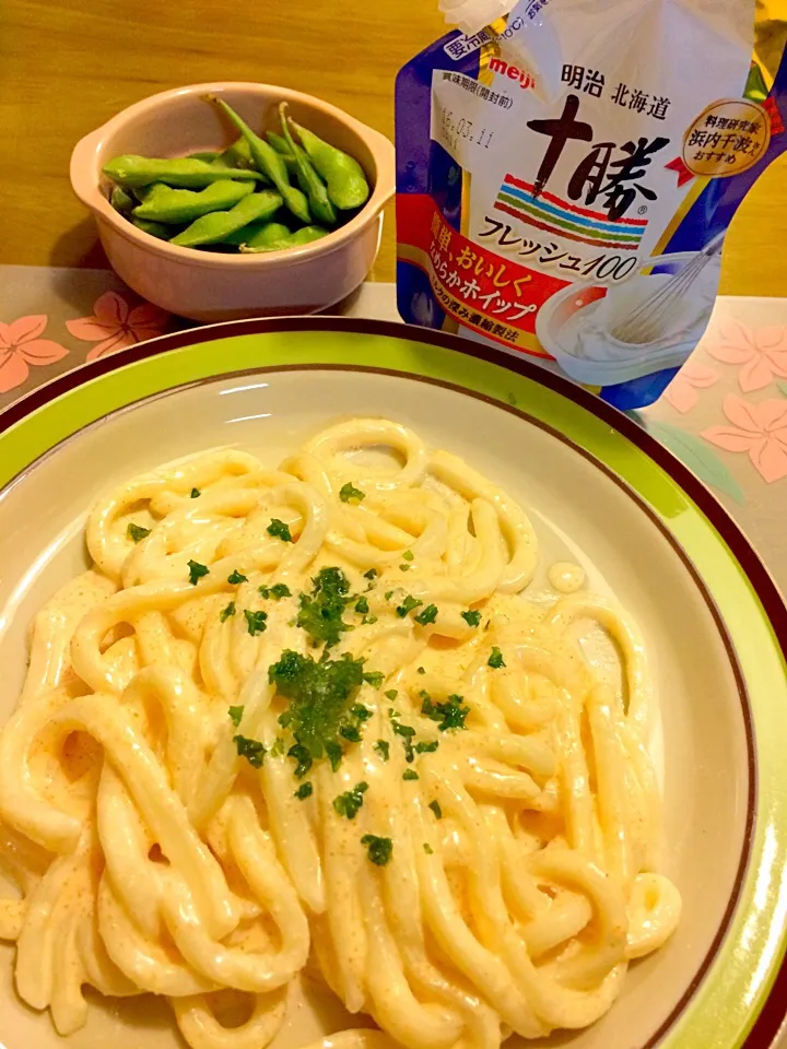 明太クリームうどんで夕食🍝|かずみさん