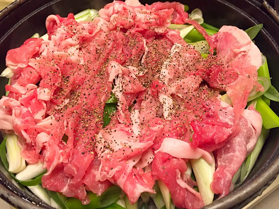 寒い夜はネギ塩豚鍋どすぇ🍲ネギに酒をふりかけ、豚肉を乗せて塩胡椒しただけのシンプル鍋どす🐷|にゃあ（芸名）さん