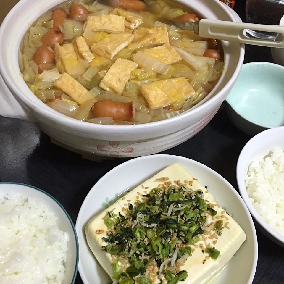 今日の晩ご飯は、白菜鍋、野沢菜ちりめんの温やっこ。|ゆえさん