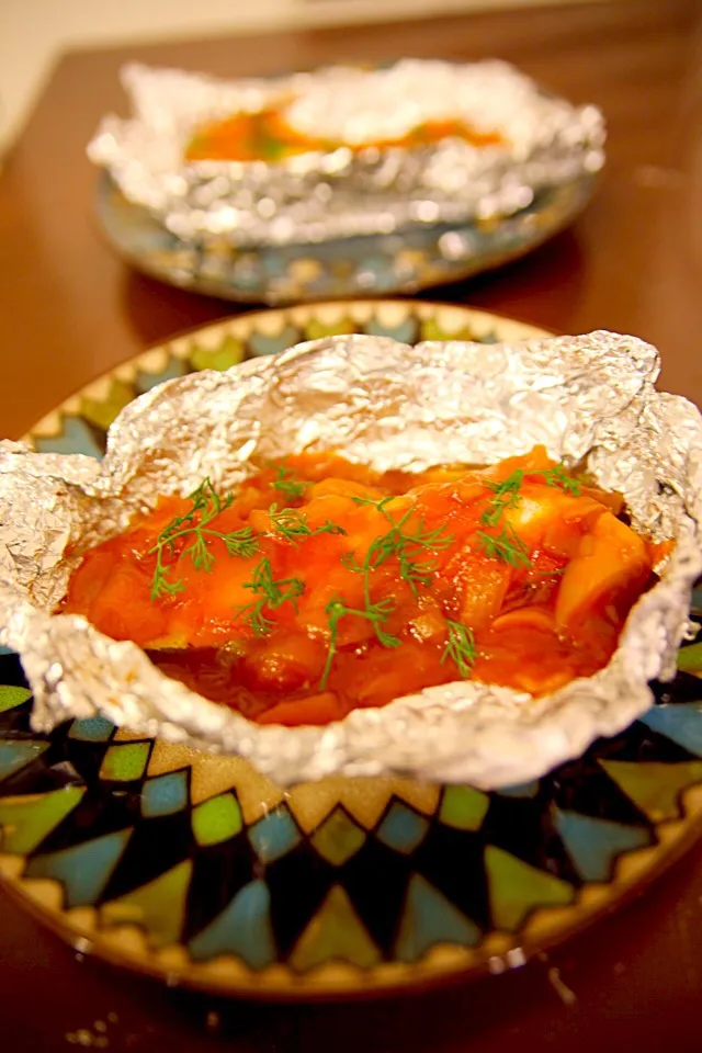 鱈のホイル焼きトマトソース/Cod-hoiruyaki (broiled or roasted in a foil wrapper)with tomato sauce|maki8jimmyさん