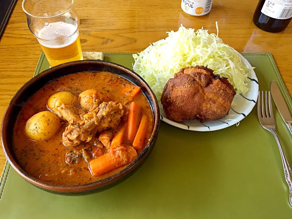 鶏手羽元のスープカレーと豚ロース竜田揚げミルフィーユ仕立て|ペン太トニックさん