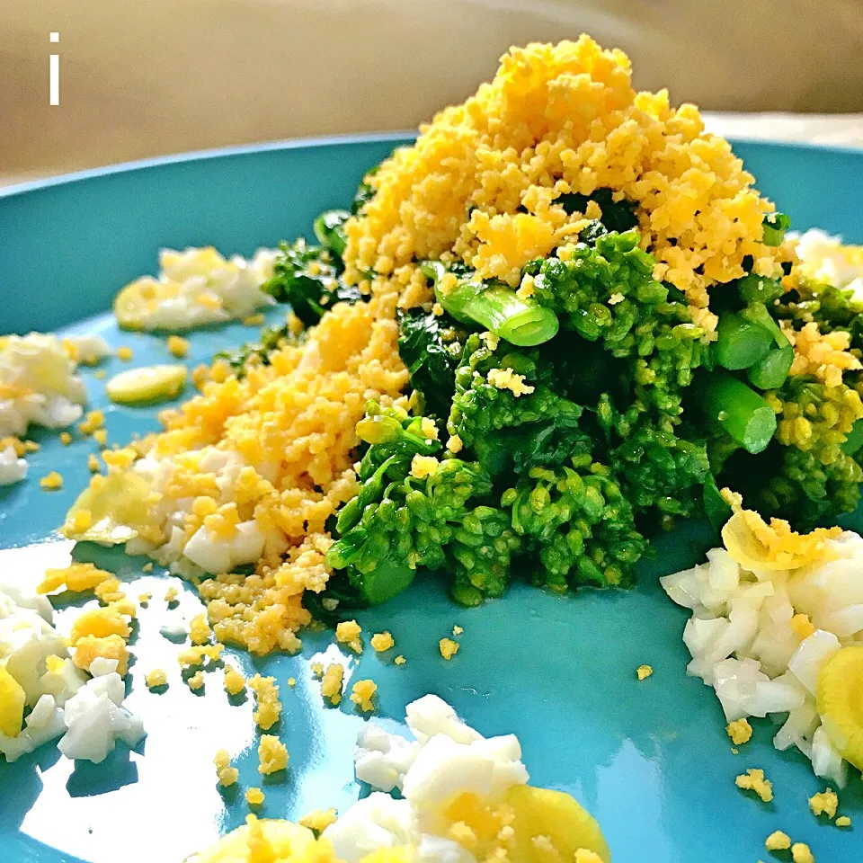 Snapdishの料理写真:菜の花とゆで卵のサラダ 【Rape blossoms and boiled egg salad】|izoomさん