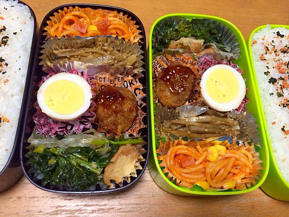 Snapdishの料理写真:息子＆旦那弁当
ごぼうと生姜の金平、味玉、アブラナと油麩と糸コンの炒めもの|しょこさん