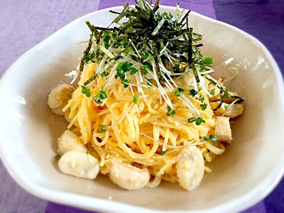 Snapdishの料理写真:マッシュルームとたらこパスタ|ayu3cafeさん