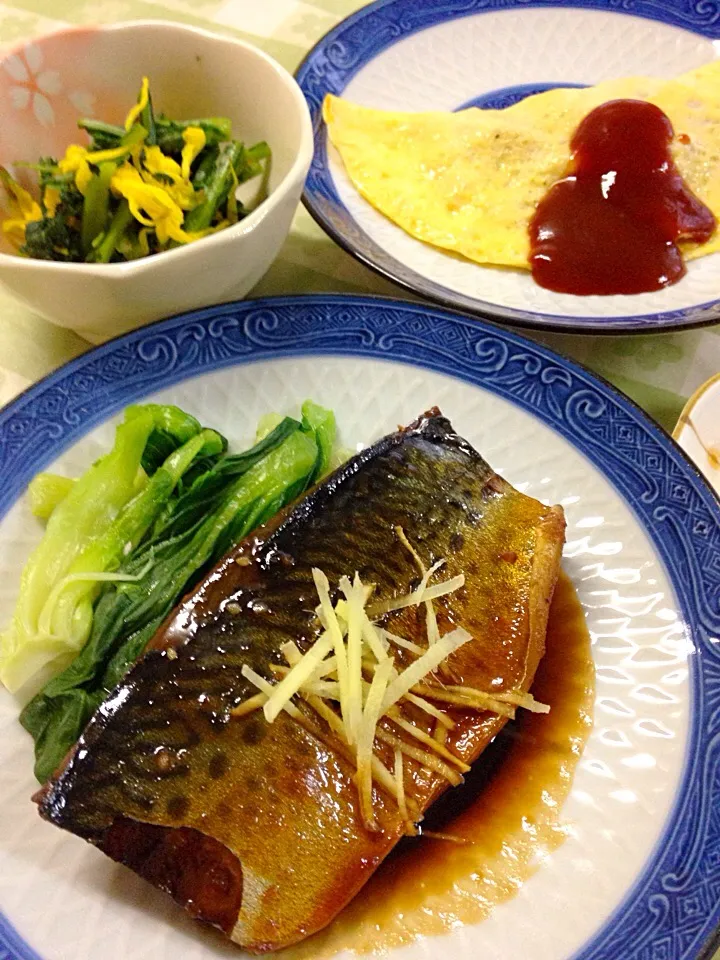 さば味噌煮、オムレツ、春菊と黄菊のおひたし|もちもちさん