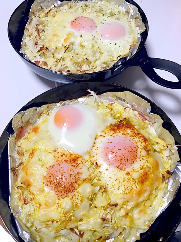 手作り♡ベーコン×キャベツ×たまごの巣ごもり♪味付けは大好きなコンソメ×カレー粉×チーズで♡|mari♡（もも(*´∀｀*)♪）さん