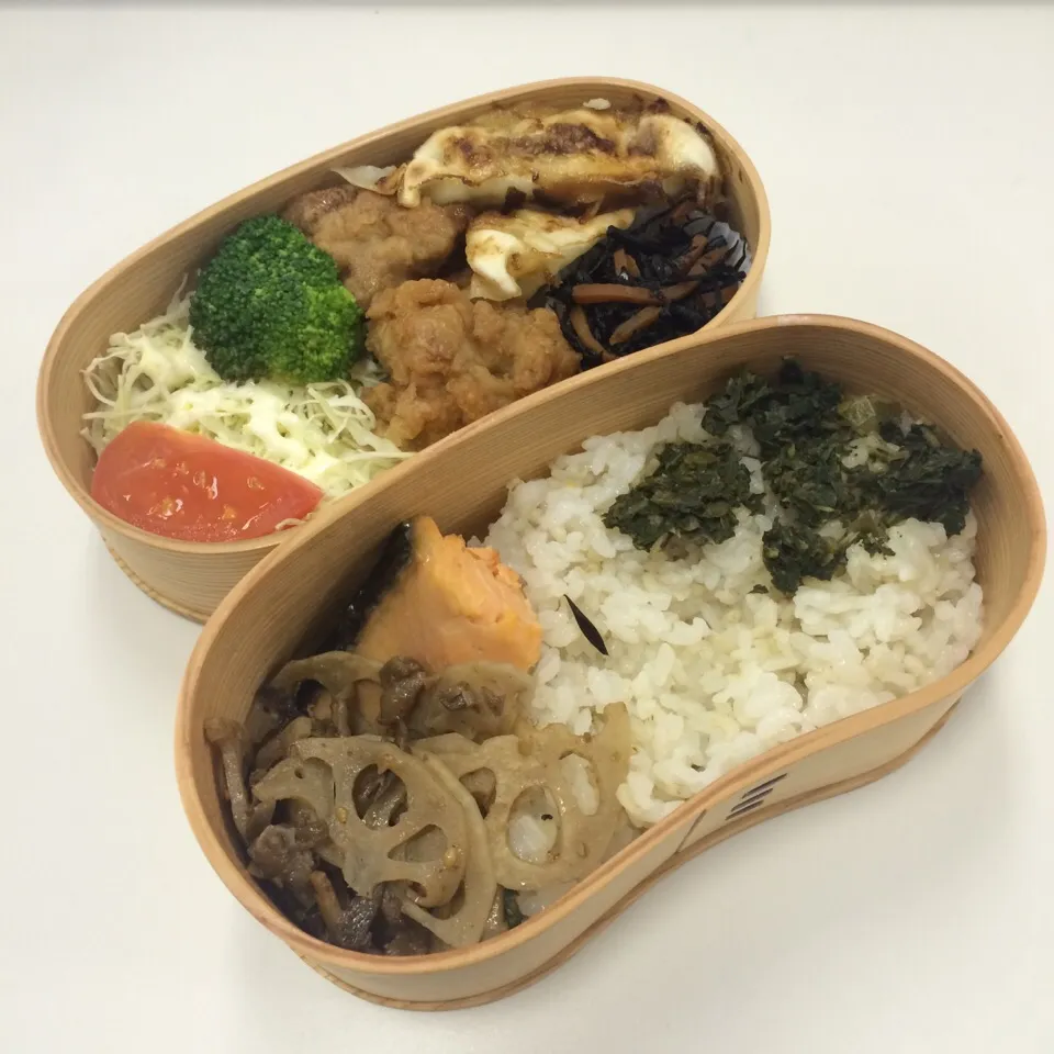 Snapdishの料理写真:弁当（唐揚げ、焼き餃子、ひじき、サラダ、焼き塩鮭、牛肉レンコンきんぴら、木胡椒佃煮）|SasaMasa213さん