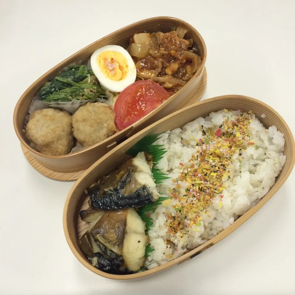 弁当（鯖塩焼き、鶏肉ケチャップ炒め、レンコン揚げしんじょう、ゆで玉子、ほうれん草ゴマ和え、サラダ）|SasaMasa213さん