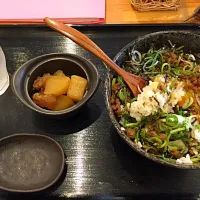 Snapdishの料理写真:今日のワンコイン丼です。ネギたっぷりそぼろ、温玉入りです。|朱山 成司さん