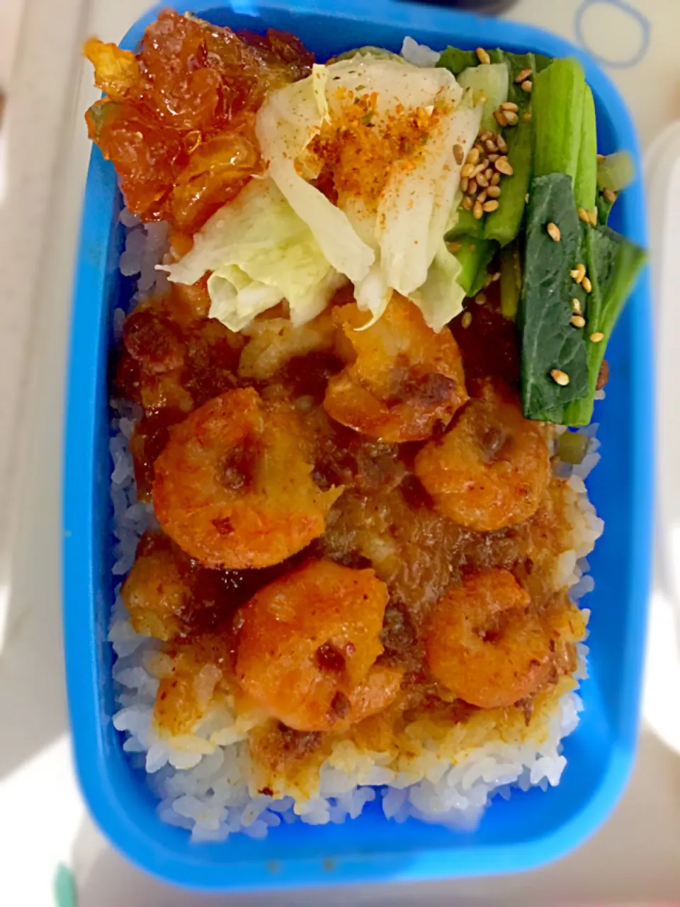 パパお弁当🍱  海老チリ丼   白菜と小松菜の漬物  りんごと柚子の蜂蜜煮|ch＊K*∀o(^^*)♪さん