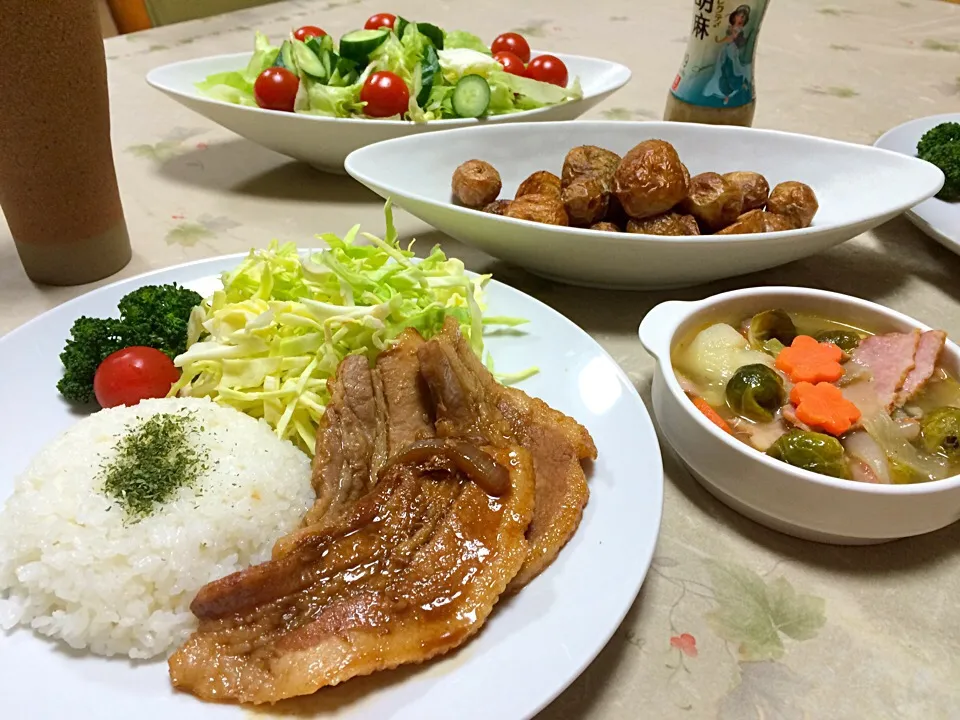 豚肉の生姜焼きと芽キャベツ入りポトフ❤️|makoさん