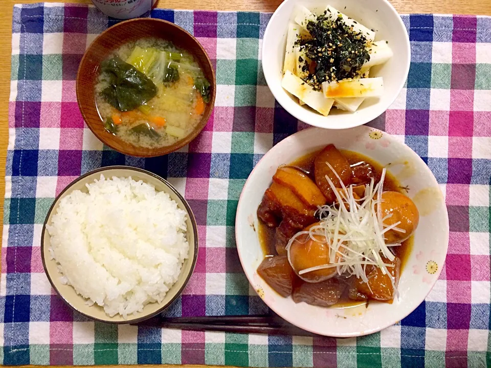 豚の角煮、長芋短冊、味噌汁|sayuさん