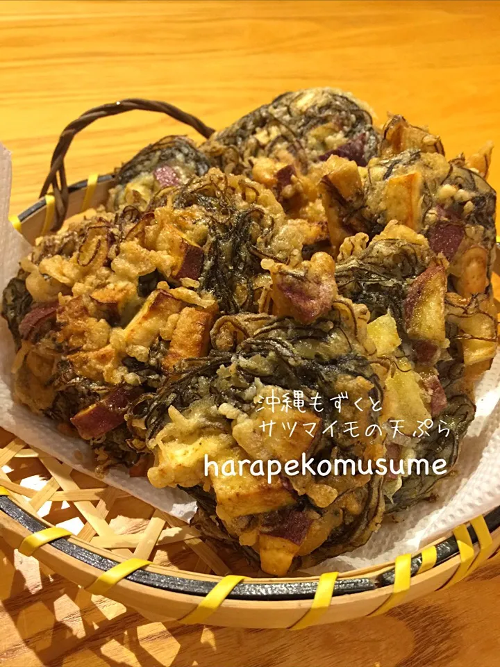 Snapdishの料理写真:たこ焼き粉で味しっかり、中モチモチ！沖縄もずくとサツマイモの天ぷら|おしぽさん