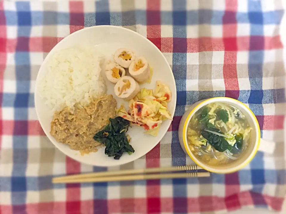 ＊ほうれん草とえのきの中華スープ
＊キャベツの梅和え
＊鶏ささ身のキムチーズ巻き
＊豆腐とじゃがいものとろろ|Belleさん