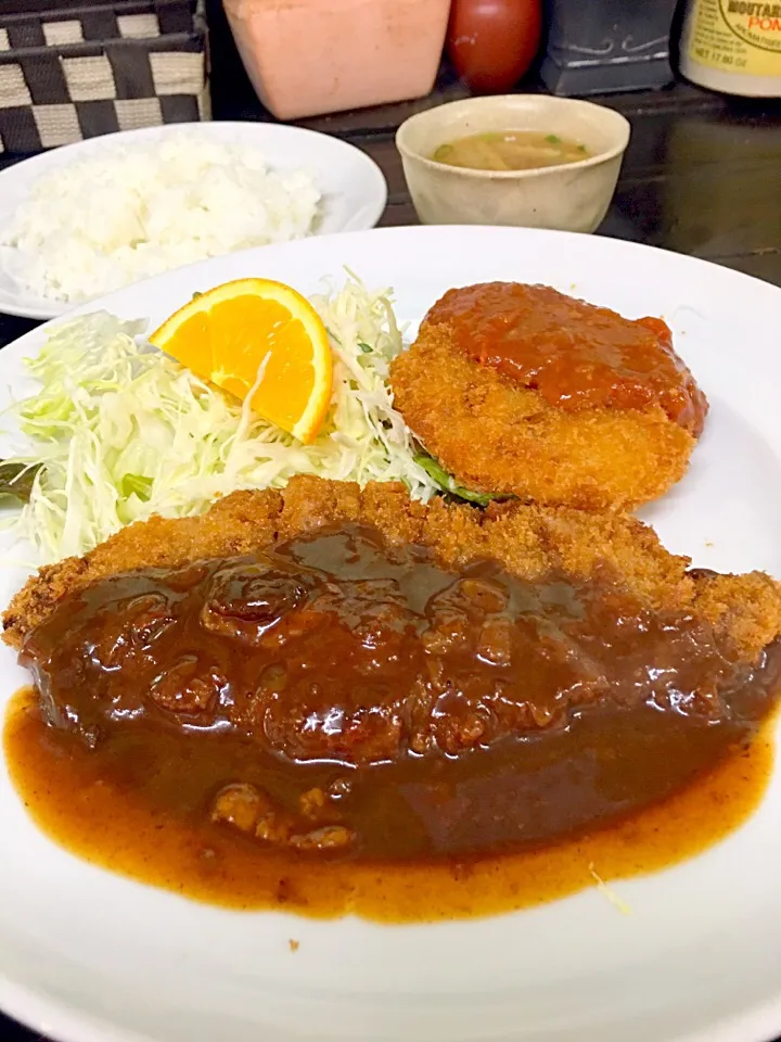 今日のお昼は「なんじゃろ」でビーフカツとカニクリームコロッケのミックス|takamuraさん