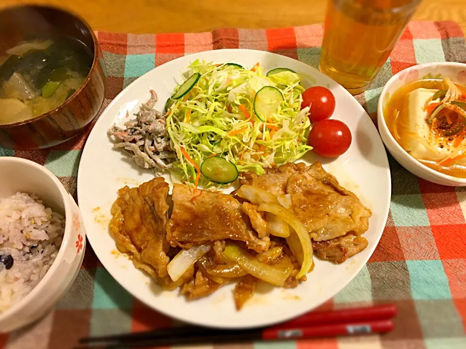 Snapdishの料理写真:＊豚の生姜焼き
＊ごぼうサラダ
＊豆腐のポン酢餡かけ
＊大根とワカメの味噌汁|モケモケさん