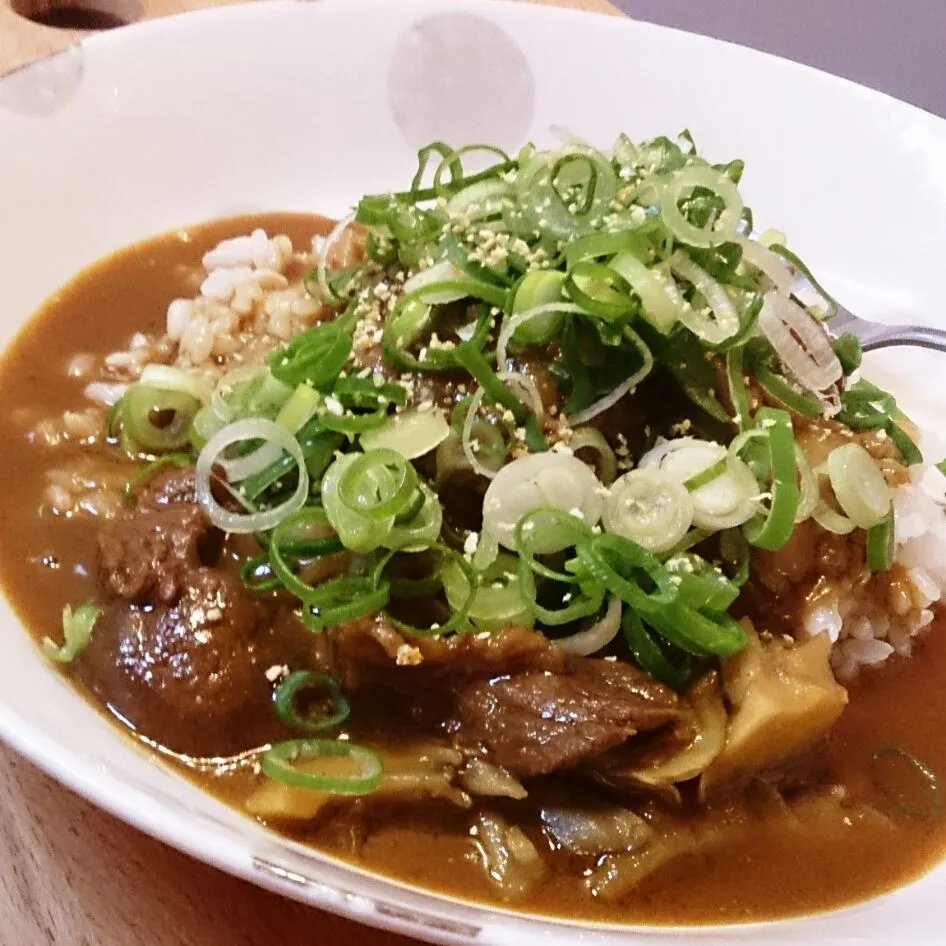 Snapdishの料理写真:もち麦ご飯de牛すじと新玉葱の和風カレー＊九条葱と柚子で爽やか♪|mi_neneco♪さん