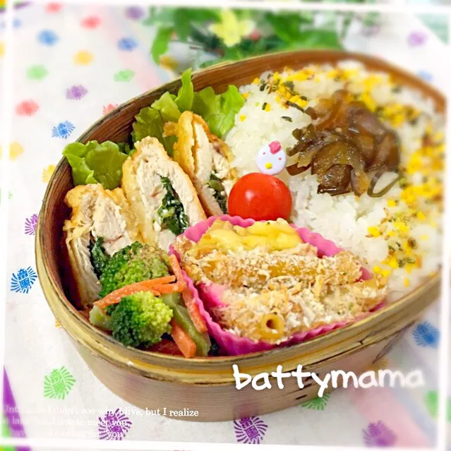 Snapdishの料理写真:鶏ムネ肉のチーズ&ほうれん草はさみ天ぷら弁当～♡battymamaの節約しても美味しいお弁当♡|ばってぃーまま＠♪さん