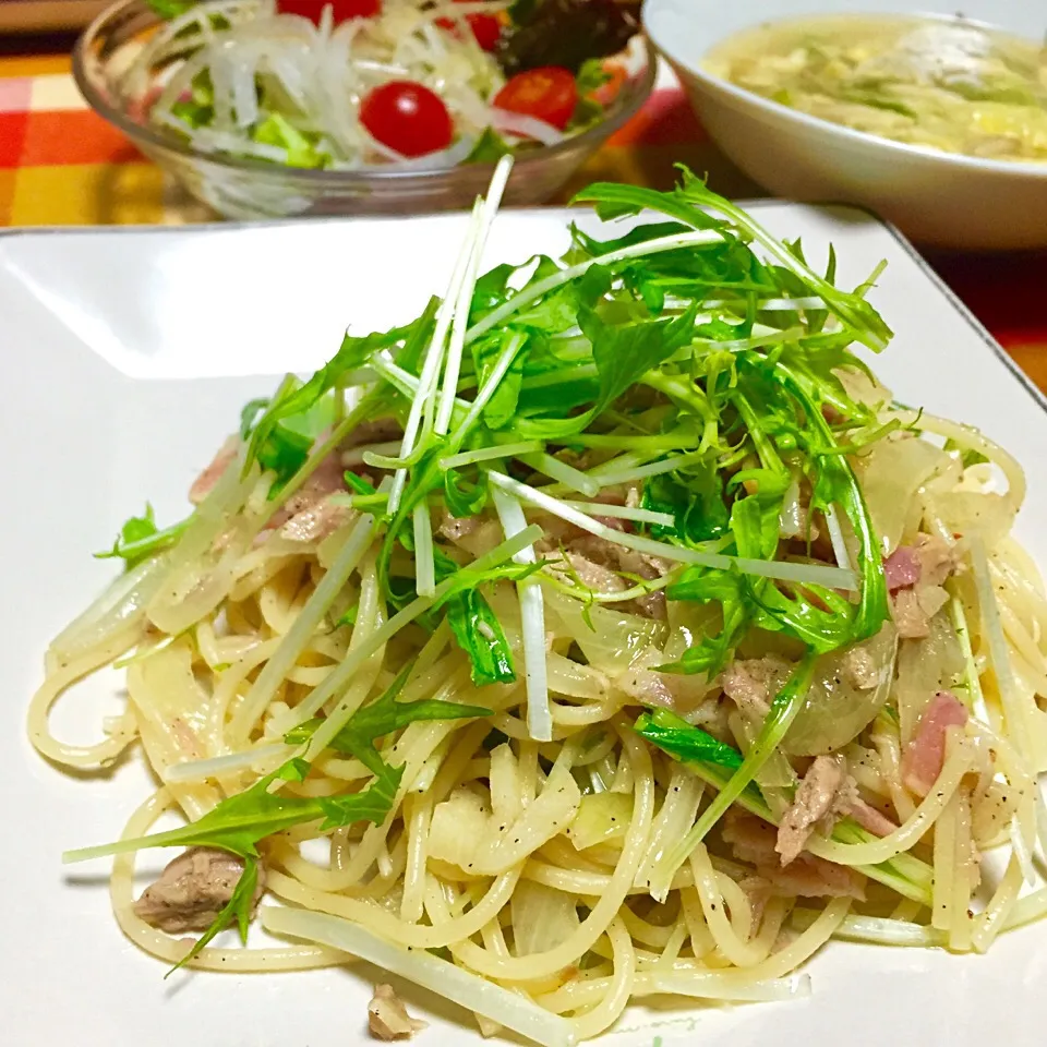 水菜とツナのペペロンチーノスパゲティー【今日はニンニクの日】|カウンター嬢さん