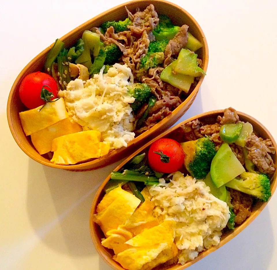 今日のお弁当！
牛肉とブロッコリーの中華炒め
小松菜と油揚げの煮浸し
ポテトサラダ
卵焼き|mamigoさん