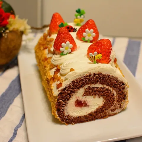 「明治　十勝フレッシュ100」を使ってみたSnapdishの料理・レシピ写真:Choco Roll Cake with nuts ❤️