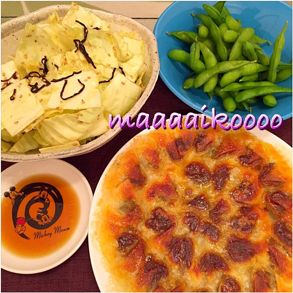 Snapdishの料理写真:点天の餃子⭐︎キャベツの塩昆布和え⭐︎枝豆|マイコさん